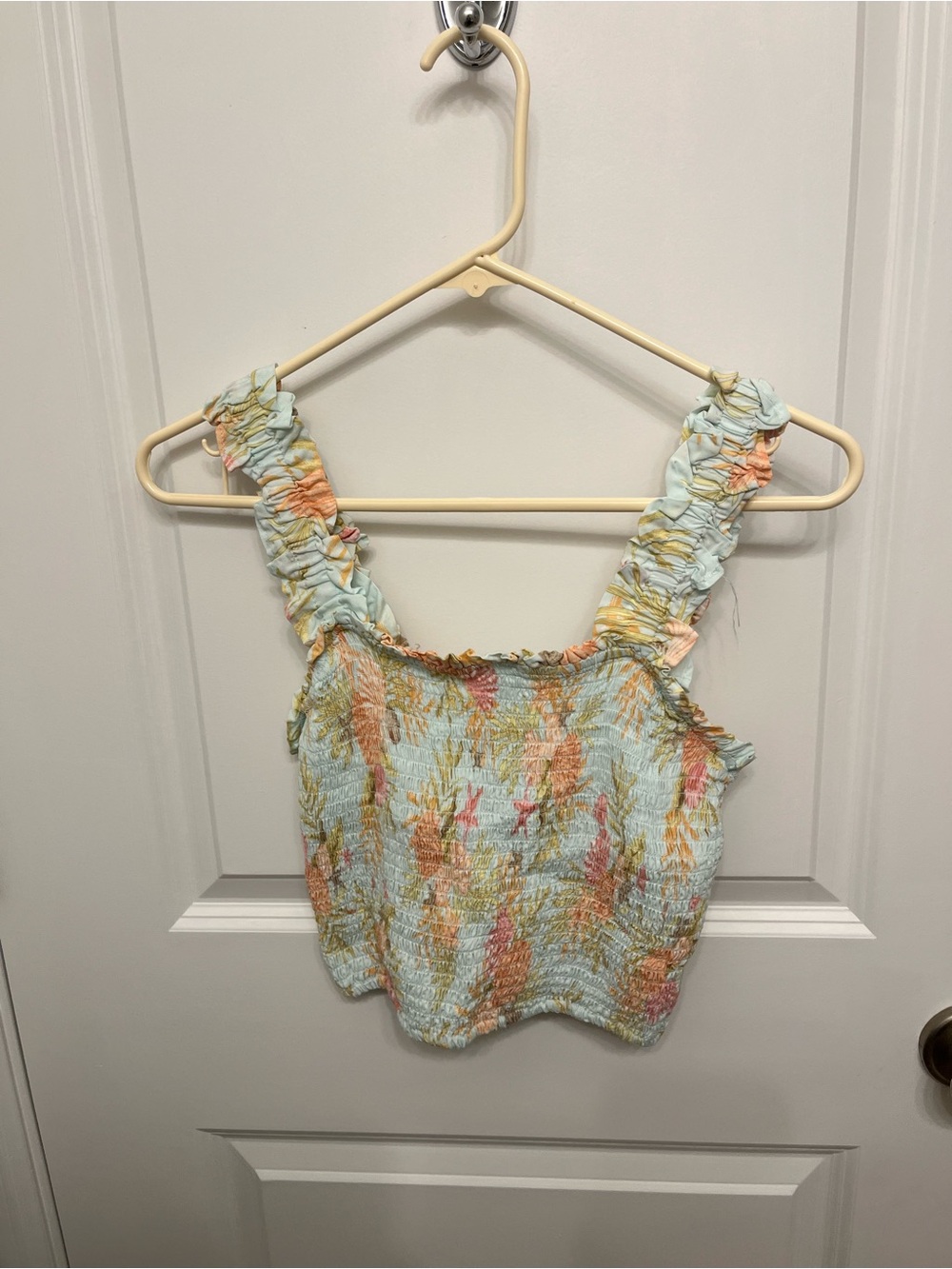 Forever 21 Pastel Floral Smocked Crop Top - Light Blue with Pastel Accents